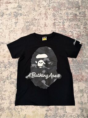 A Bathing Ape® Men's Black Camo Ape Logo Short Sleeve Tee